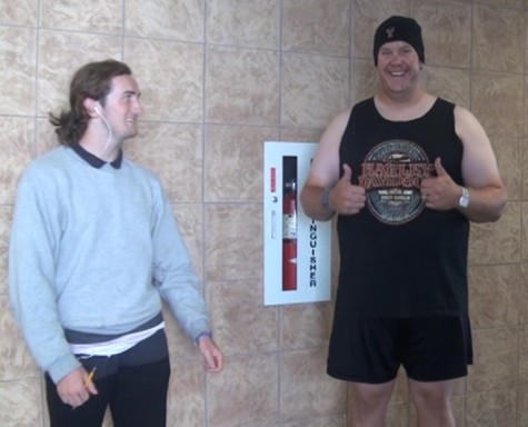 While senior Trying to conceal his laugh Gee helps Arquette show that the dress code includes no hats or tank tops.