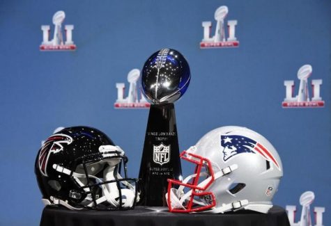 Feb 1, 2017; Houston, TX, USA; A general view of the Atlanta Falcons and New England Patriots next to the Vince Lombardi Trophy prior to a press conference in preparation for Super Bowl LI at George R. Brown Convention Center. Mandatory Credit: Kirby Lee-USA TODAY Sports