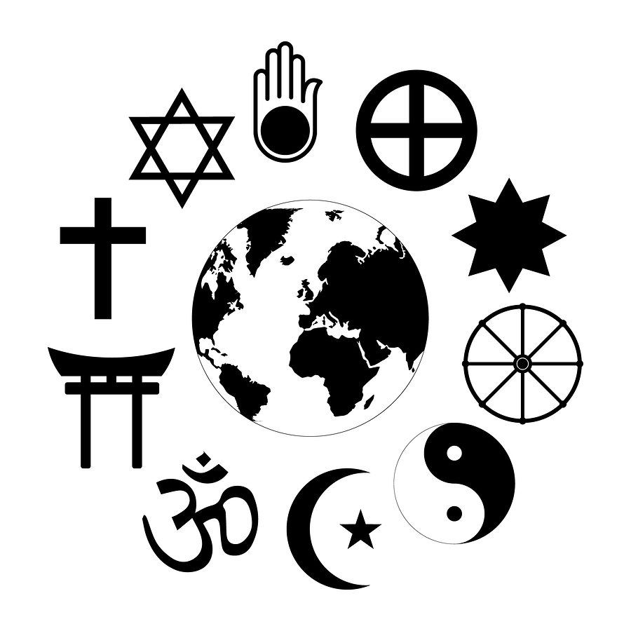 World Religions Planet Earth Flower World religions - flower icon made of religious symbols and planet earth in center. Isolated vector illustration on white background.