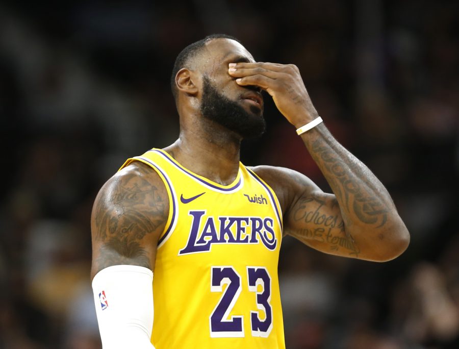 SAN ANTONIO,TX - OCTOBER 27:  LeBron James #23 of the Los Angeles Lakers reacts after a turnover against the San Antonio Spurs at AT&amp;T Center on October 27 , 2018  in San Antonio, Texas.  NOTE TO USER: User expressly acknowledges and agrees that , by downloading and or using this photograph, User is consenting to the terms and conditions of the Getty Images License Agreement. (Photo by Ronald Cortes/Getty Images)
