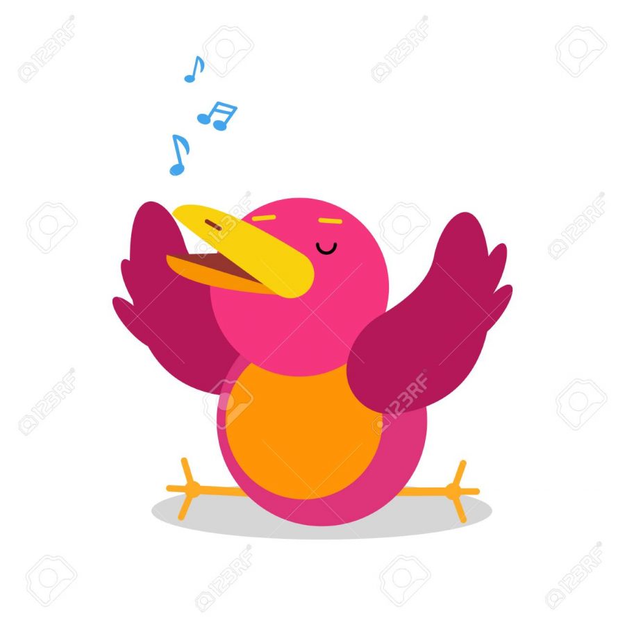 Funny cartoon bird character singing vector Illustration isolated on a white background