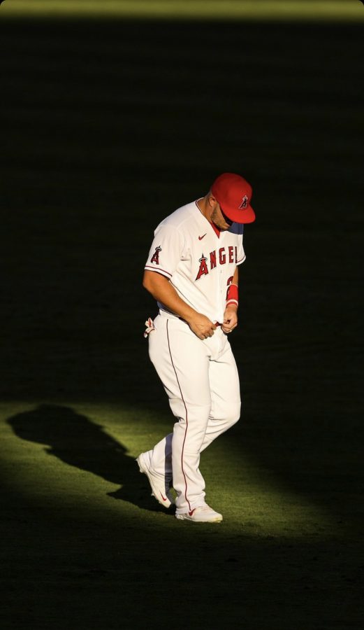 Mike Trout preparing for the game against the Oakland Athletics on August 12,2020.