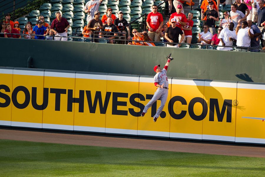 Mike Trout robs J.J. Hardy of the Baltimore Orioles of a homerun on June 27, 2012.